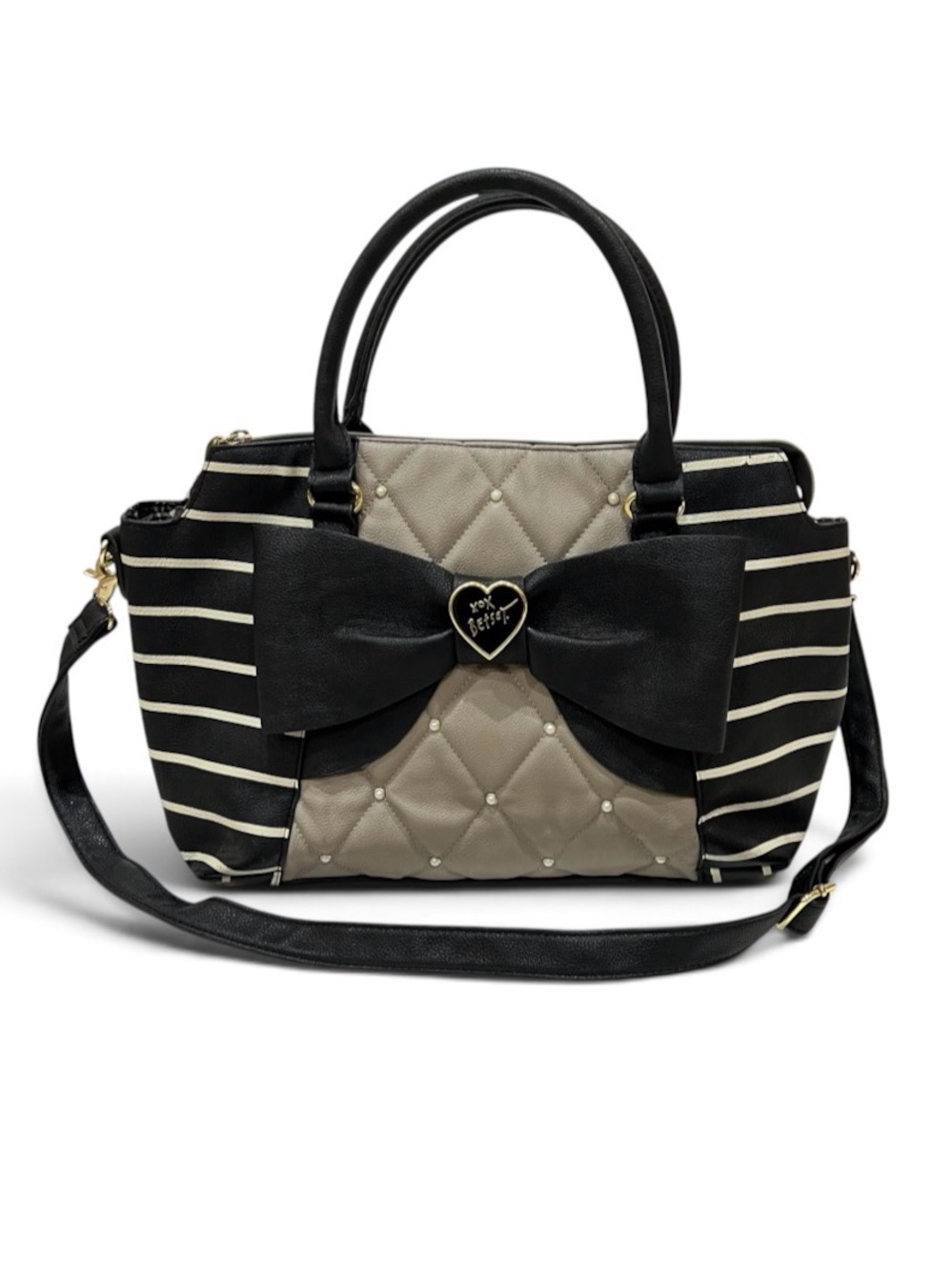 Betsey Johnson Studded Bow Bag Quilted Striped Satchel Crossbody Shoulder Bag